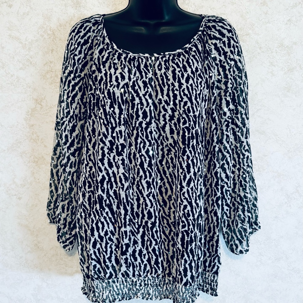 Cathy Daniels Sequins Elastic Hem Raglan Sleeve Animal Print Size XL Gray Black